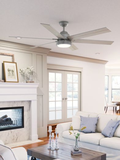 Living Room features 60 inch Hollister Indoor ceiling fan with light, mounted with downrod in a matte silver finish.