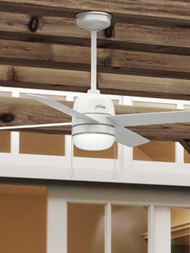 Orsini Outdoor ceiling fan mounted from pergola with downrod in fresh white finish.