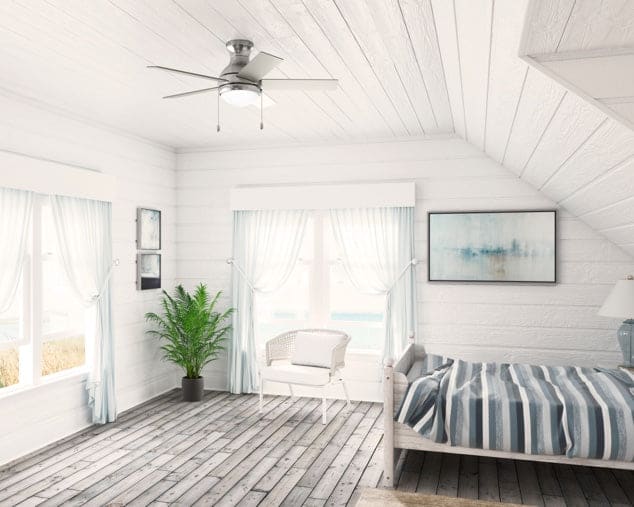 Bedroom scene with modern ceiling fan